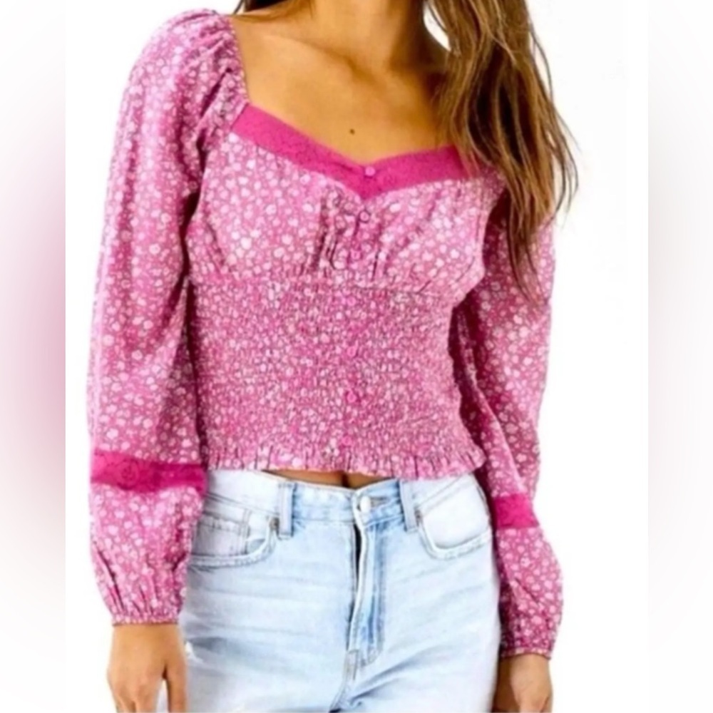 American Eagle Blouse Womens XL Floral Smocked Peasant Cottage Romantic Boho
